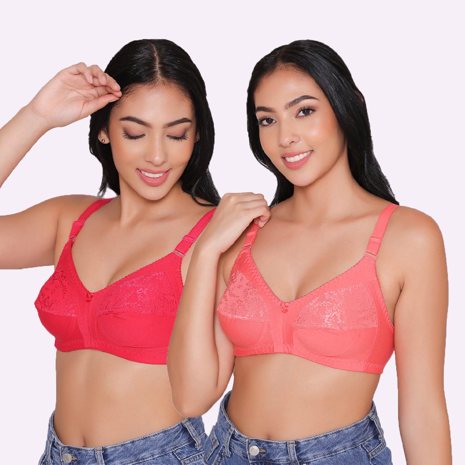 Buy INKURV Bella Iris Full Coverage Non Padded Non Wired Cotton Everyday Bra, Hot Pink Queen 30B Combo of 2