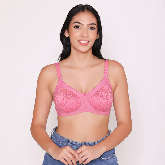 Cotton Full Coverage Non Wired Stretchable Net Pink Ladies Bra at