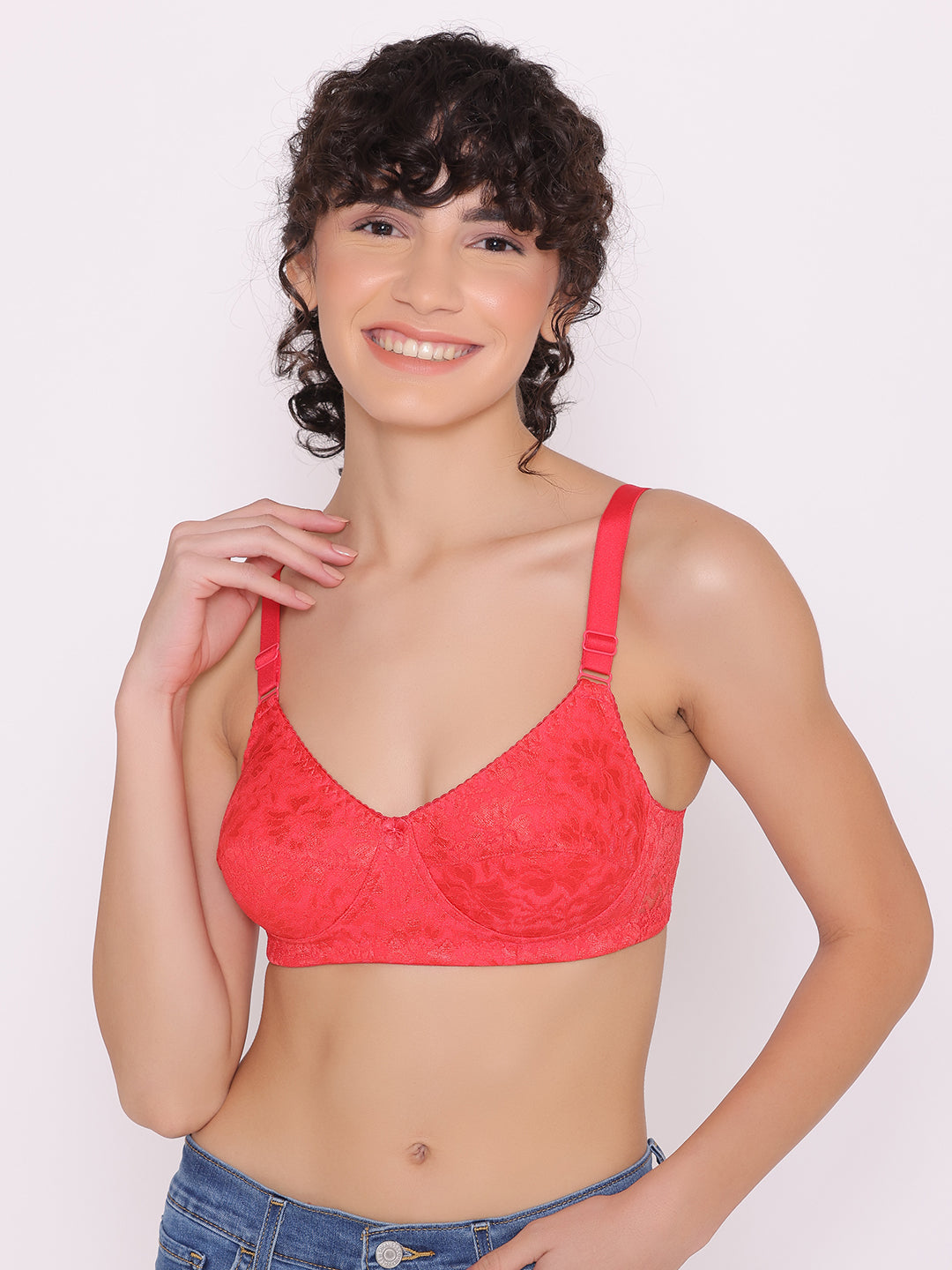 Cotton Rich Non-padded Bra With Lace In Hot Pink, Bras :: All Bras