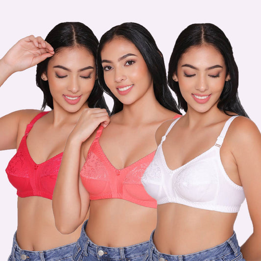 Women's Moving Cotton Straps Full Coverage Non Padded Cotton Bra (White)  Pack of 3