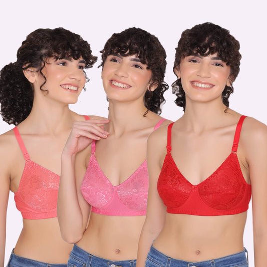 Women's Cotton Non-Padded Non-Wired Regular D Cup Bra Pack of-3